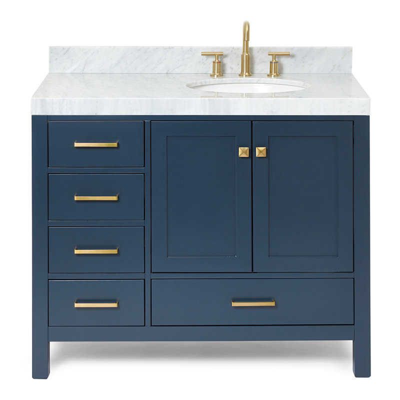 Cambridge Single Bathroom Vanity with Carrara Marble Top, Midnight Blue