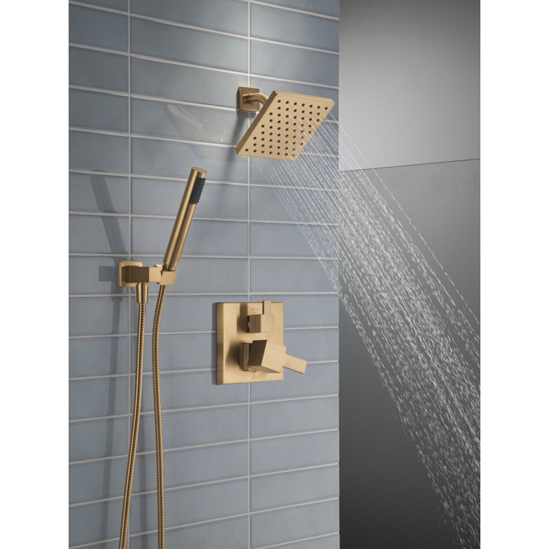 Delta Modern Square Shower System Faucet Set, Brushed Gold 6.5-inch Shower Head and Handle Set, Valve Trim Kit, Champagne Bronze (Valve Not Included)