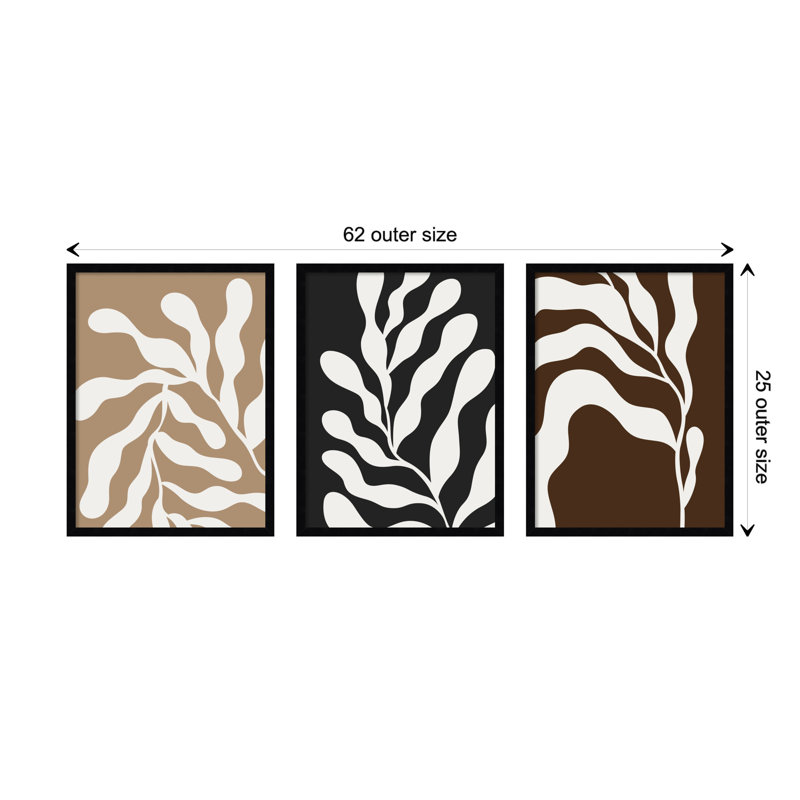 Retro Matisse Inspired Abstract Botanical - 3 Pieces by Erminia, 62" W x 25" H, Black
