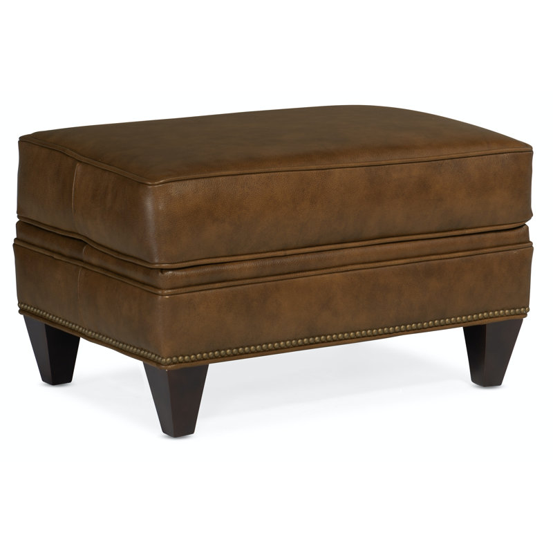 Anilina Brown Genuine Leather Ottoman with Natural Brass Accents