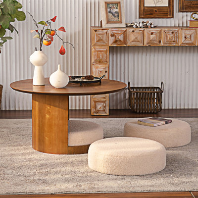 Wood Coffee Table with 3 Nesting Stools