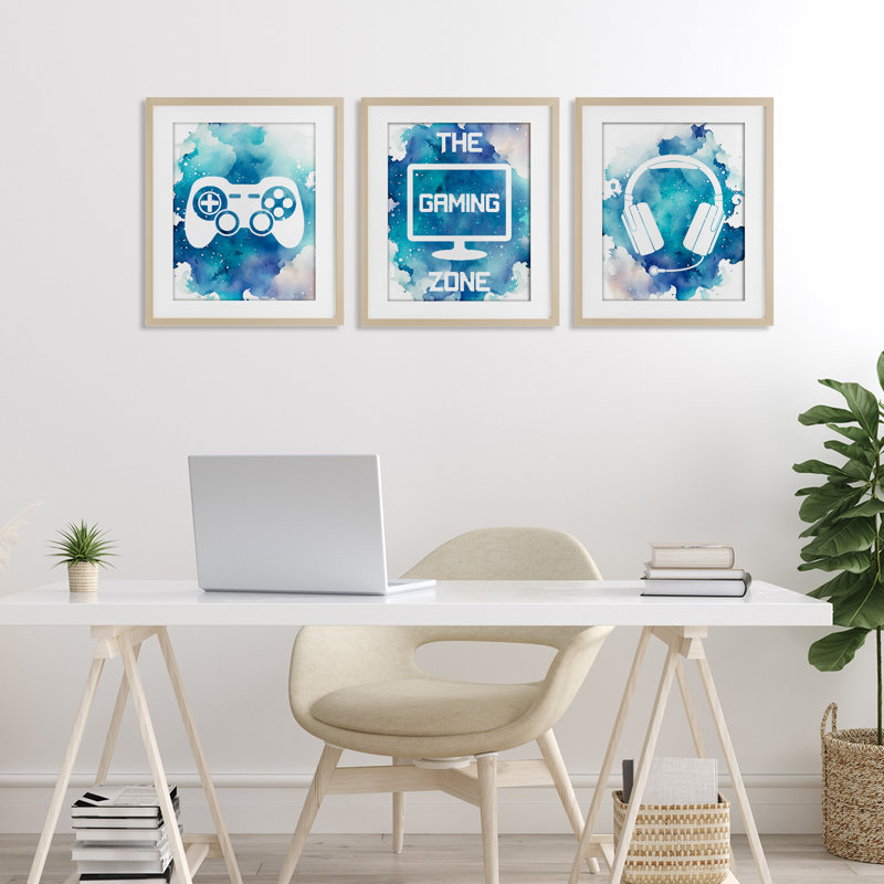 «Blue Gamer Splatters», ensemble de 3 impressions encadrées sous verre, conception de Marcus Prime, Cadre de récolte en pin