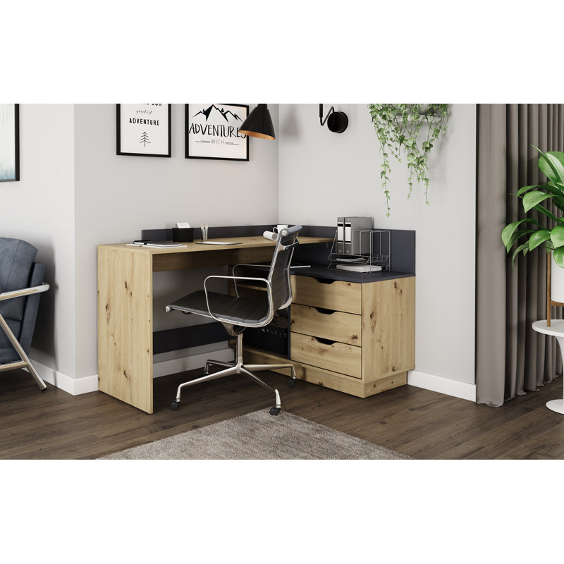 Thoman L-Shaped Writing Desk, Light Brown/Black