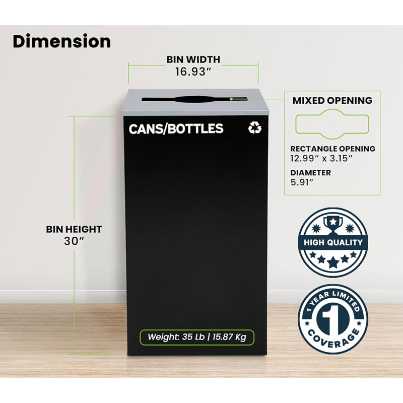 Ensemble de poubelles à couvercle ouvert en acier 29 gallons avec couvercle carré, Noir / Bleu