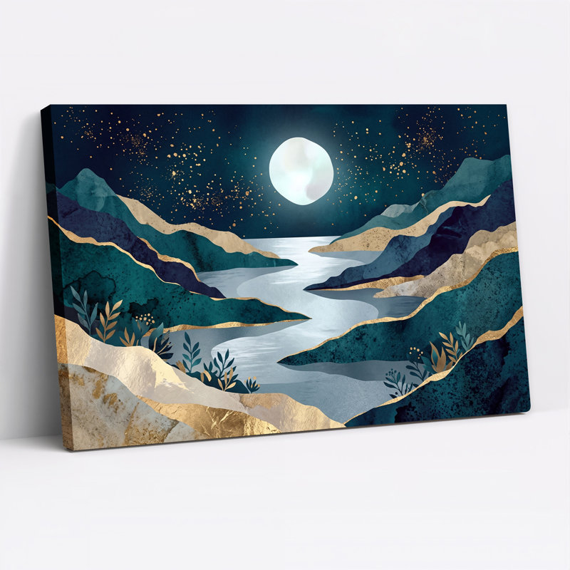 Art mural sur toile bleu sarcelle avec feuilles dorées et lune, H 36 po x l 48 po