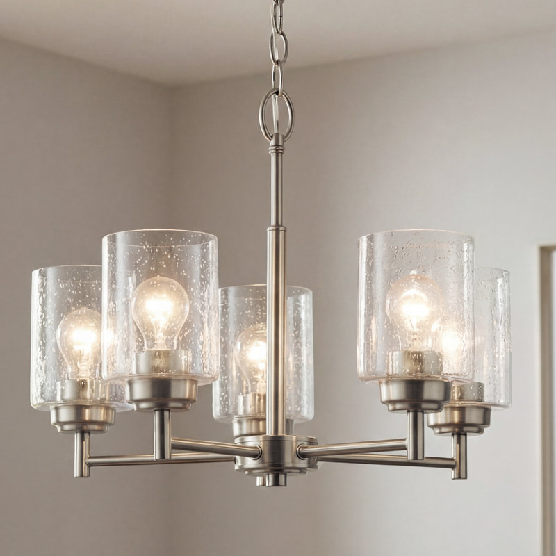 Winslow 5-Light Brushed Nickel Chandelier with Clear Seeded Glass Shades, Brushed Nickel