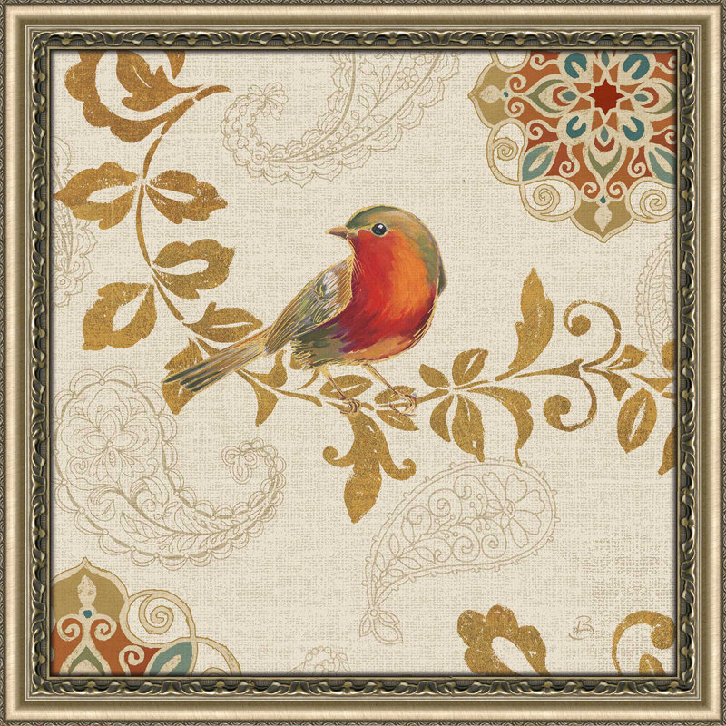 «Bird Rainbow Red», reproduction d'aquarelle encadrée sur toile tendue beige, H 21,5 po x l 21,5 po x P 0,75 po