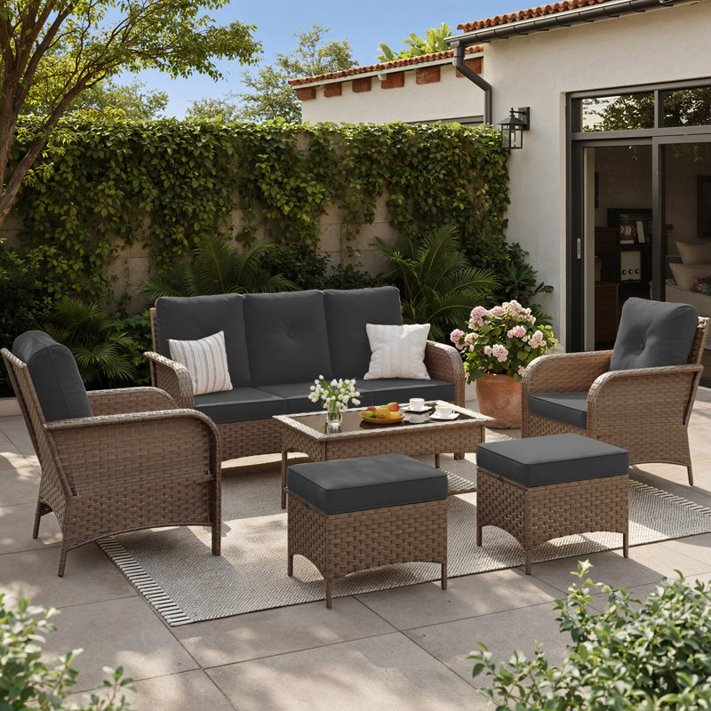Ensemble de conversation de patio 6 pièces, ensemble de meubles de patio en osier toutes saisons avec cadre en acier, repose-pieds multi-usage et table basse de rangement pour la cour, le porche, le jardin