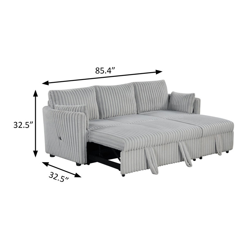 85.4" W Contemporary Sectional W/ Pull Out, Gray, Light Gray