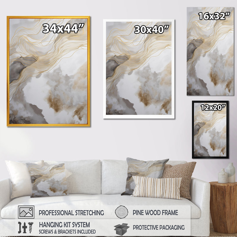 Gold and Grey Abstracted Line Artistry V - Print on Canvas, Black Floater Framed, 32" H x 24" W x 1" D