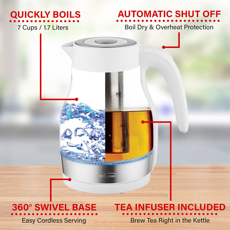 Brentwood 1.79 Quarts Glass Electric Tea Kettle, White/Clear