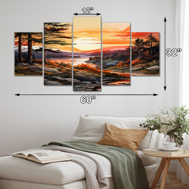  «Pine Tree Golden Glow - Impression sur toile de pin - 5 panneaux