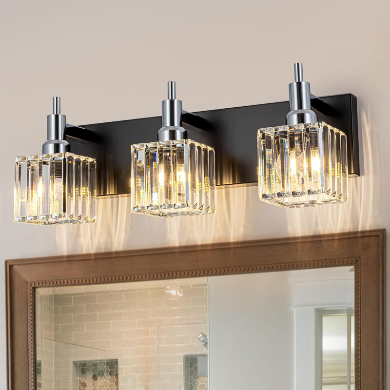 Luminaire de meuble-lavabo moderne en chrome noir avec détails en cristal, éclairage mural à 3 lumières pour salle de bain ou chambre à coucher