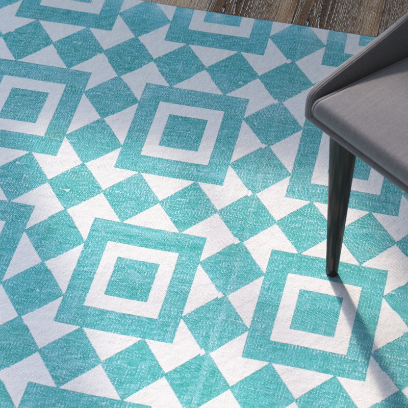 Tapis de zone turquoise en coton fait main à tissage plat Paolucci, Rectangle 5 pi x 8 pi