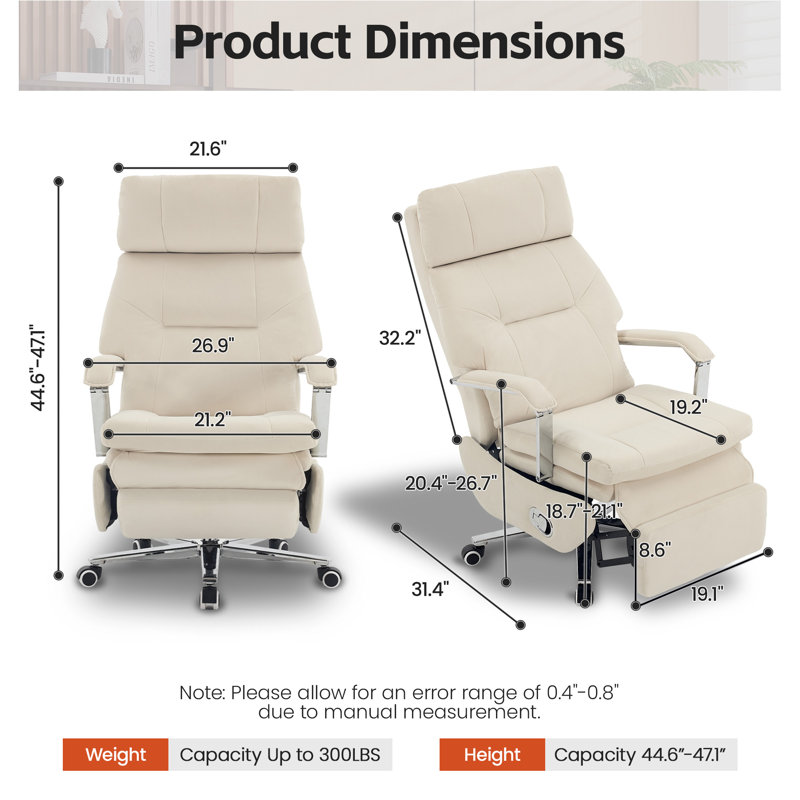 Chaise de bureau en velours avec repose-pieds rétractable, chaise de travail pivotante et réglable, Velvet Beige