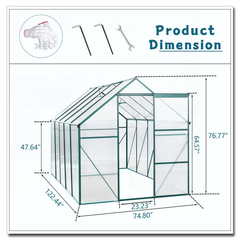 Serre en polycarbonate surélevée 6X10FT, H 6,4 pi x l 8,2 pi x P 6,23 pi, Vert