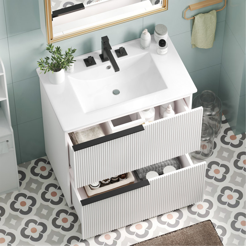 Meuble-lavabo 30 po avec lavabo en céramique et tiroirs pleine extension, glissières de tiroir encastrées à fermeture en douceur, conception cannelée, blanc