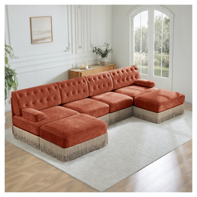 Canapé modulaire en velours brun 4 places avec 2 repose-pieds, capitonnage à boutons Chesterfield avec jupe à pampilles