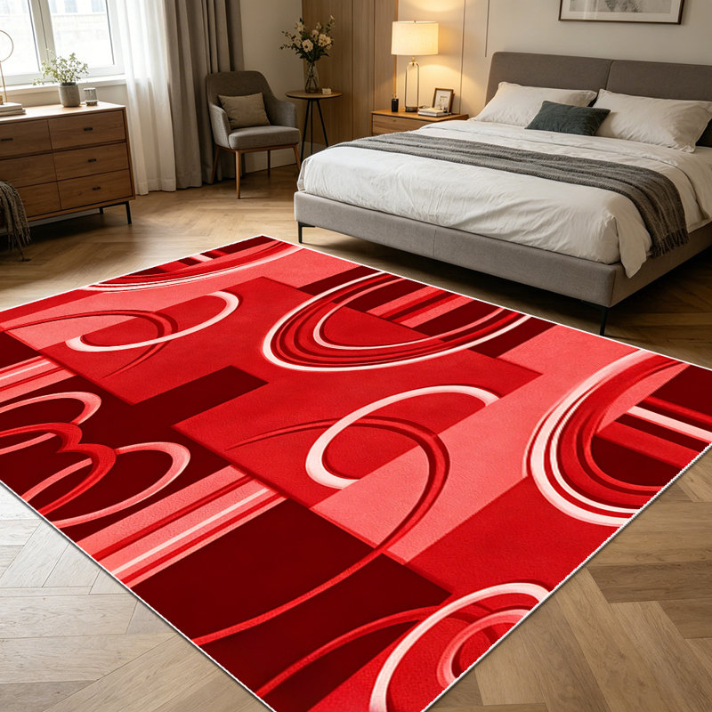 1PC Rich Red Tone Modern Abstract Geometric Overlapping Circle & Stripe Pattern area rugs for Living Room, Soft and Comfortable, Suitable for all seasons, easy-to-maintain, machine washable Indoor floor mat, Under Table Farmhouse suitable for dining