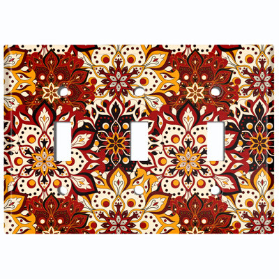 Red Tan Bundle Mandala Flowers Tile Patterned 3 - Gang Toggle Light Switch Standard Wall Plate