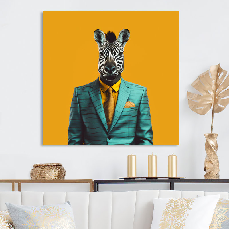 Zèbre jaune et bleu - Art mural animal zèbre en métal, H 29 po x l 29 po x P 1,5 po