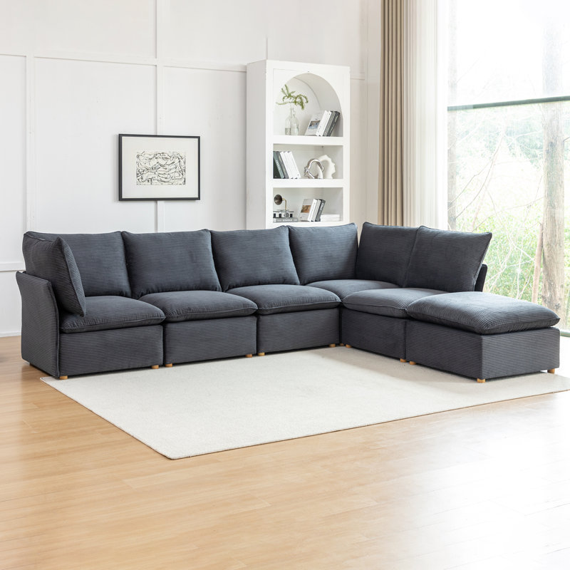 Hepworth 6 - Piece Corduroy Sectional Sofa With Ottoman, Gray Corduroy