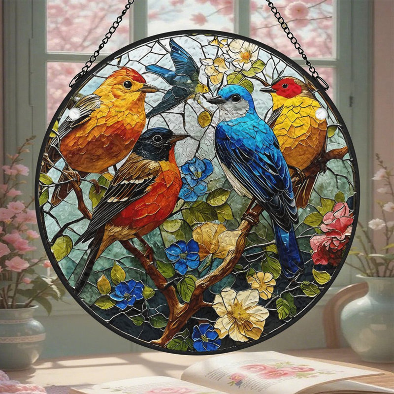 Panneaux de vitrail attrape-soleil en verre coloré avec motifs d'oiseaux, pour la décoration de fenêtres