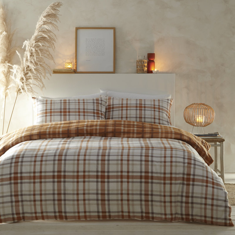 Raffael Flannel Chequered Duvet Cover Set with Pillowcases, Orange, Super King - 2 Standard Pillowcases