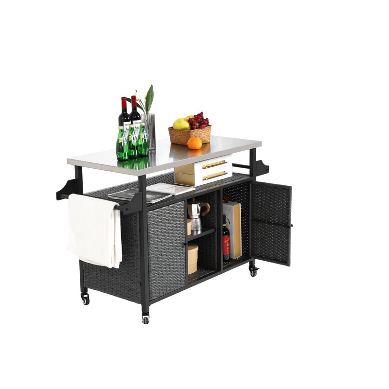 Grand chariot-bar gris avec table en acier inoxydable extensible et plateau de rangement