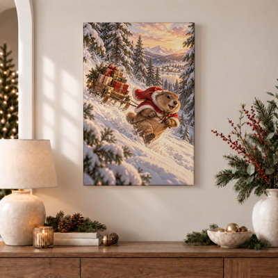 Art sur toile, prairie en costume de père Noël tirant un cadeau de traîneau à Noël