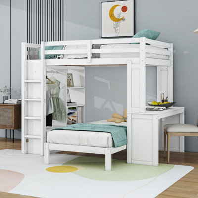 Wood Bunk Bed With Removable Lower Bed, Built-In Desk, Shelves And Wardrobe