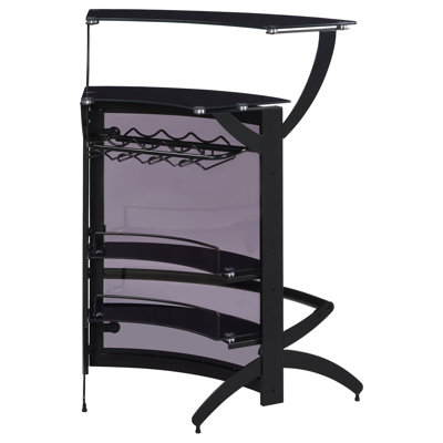 Dalia Curved Home Bar Cabinet, Tempered Glass Shelves, Black Metal 42 Inch