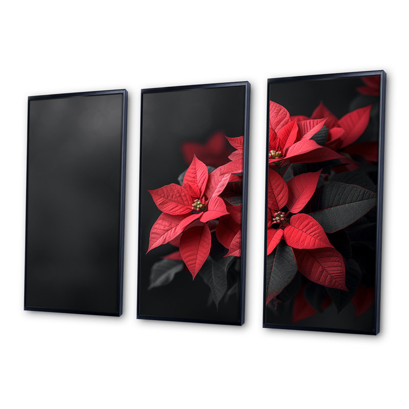 Glaude - Ensemble de décoration murale poinsettias, Toile avec cadre flottant noir, H 40 po x l 60 po x P 1 po