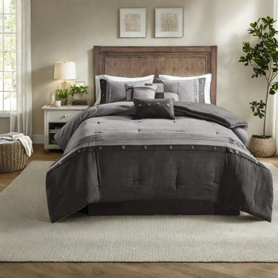 Rustic Grey 7-piece Faux Suede Bedding Set, Hypoallergenic Comfort & Decorative Lodge Style
