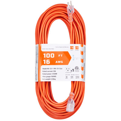 Cordon de rallonge robuste 100 pi 16AWG 10A 1250W 3 broches avec extrémité éclairée