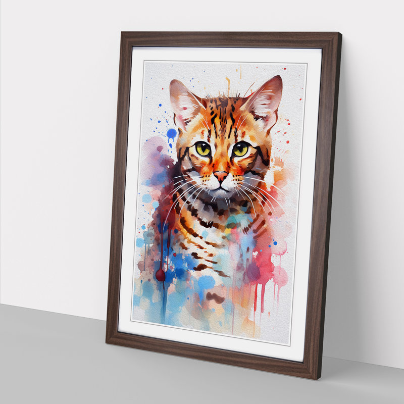 Bengal Cat Action Painting - Single Picture Frame Print on Wood, Walnut Framed, 46cm H x 34cm W x 2cm D