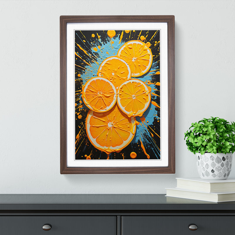 Sliced Orange Action - Single Picture Frame Print on Wood, 46cm H x 34cm W x 2cm D, Walnut