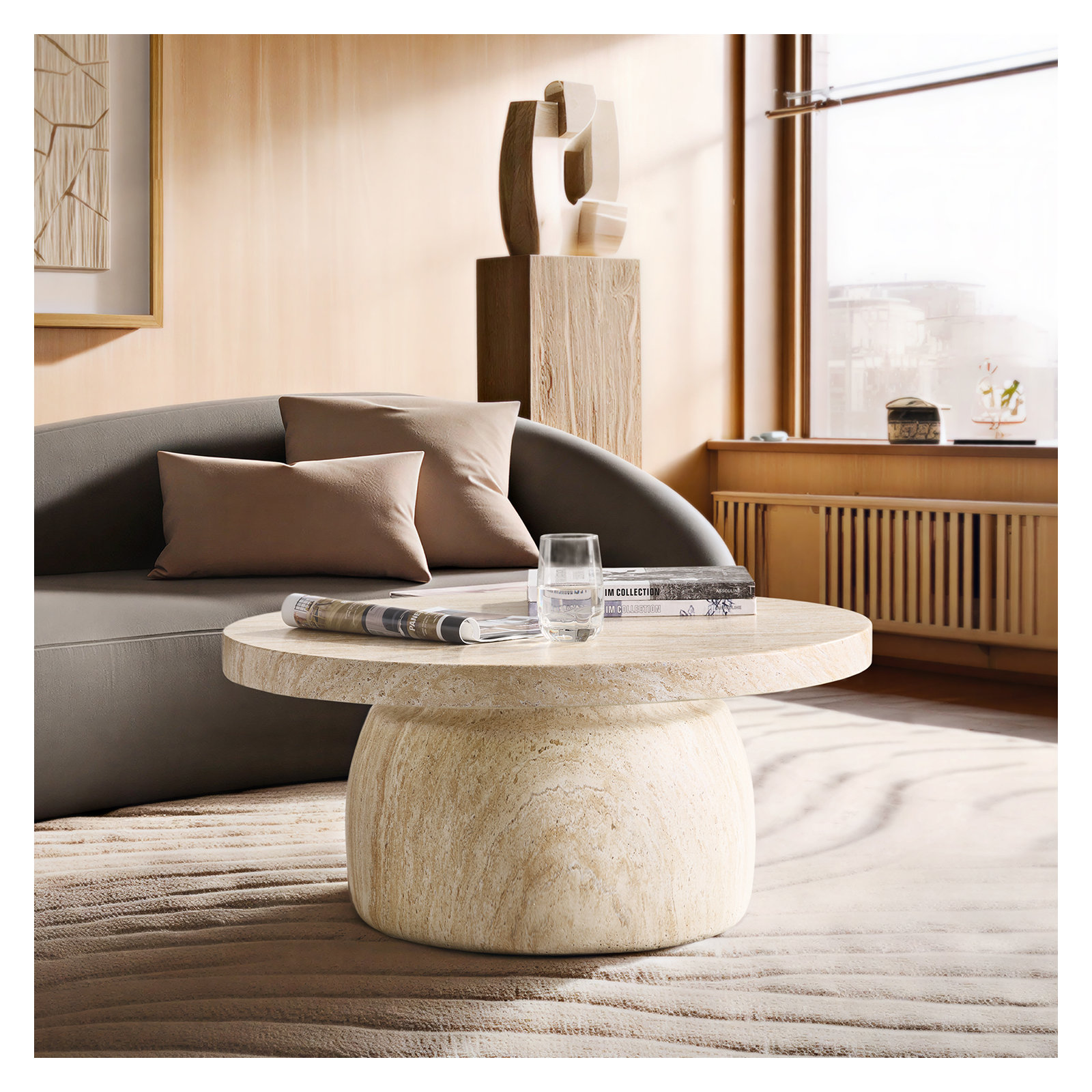 Watterson Andolise Modern 31.5"W Faux Travertine Simple Assembly Round Coffee Table, Natural