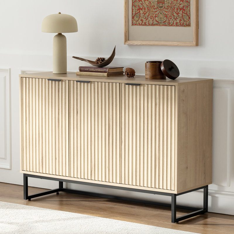 Buffet cannelé avec 3 portes et armoire d'appoint avec tablettes réglables pour le salon, Chêne clair