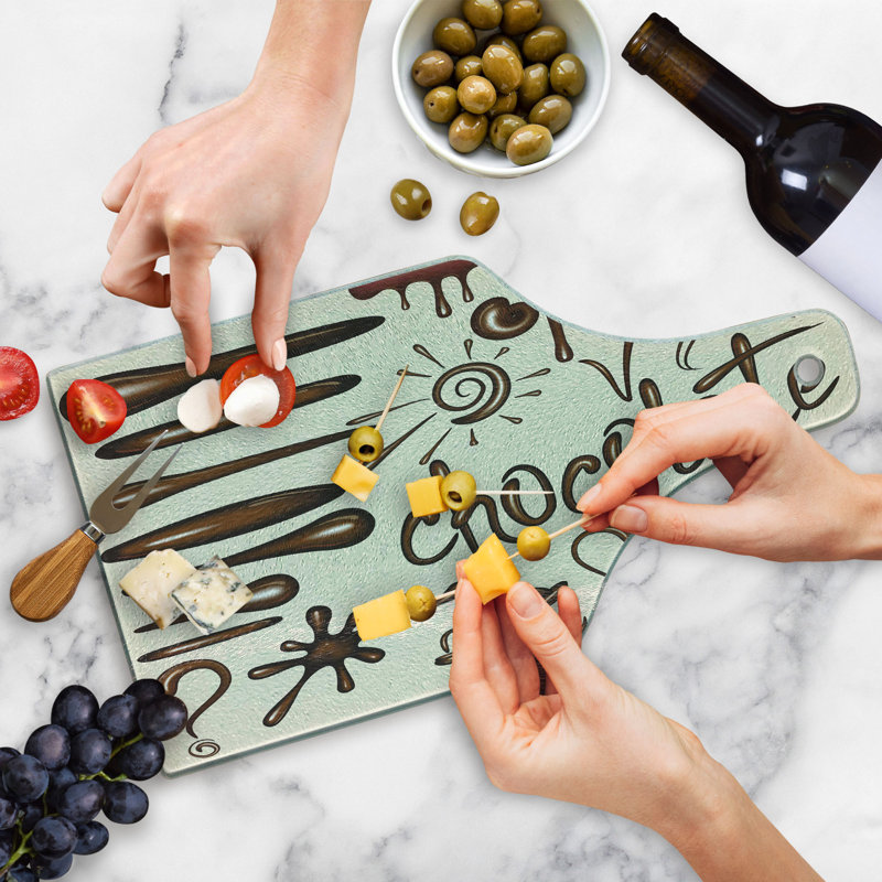 Chocolate Tempered Glass Cutting Board with Coffee Cup Design