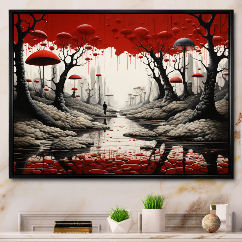 Surréalisme rouge et gris surréalisme II, H 30 po x l 40 po x P 1,5 po, Cadre flottant noir