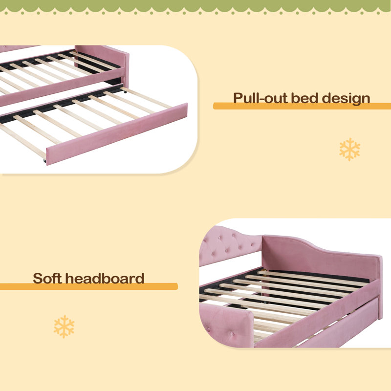 Twin Size Tufted Upholstered Daybed With Trundle, Pink