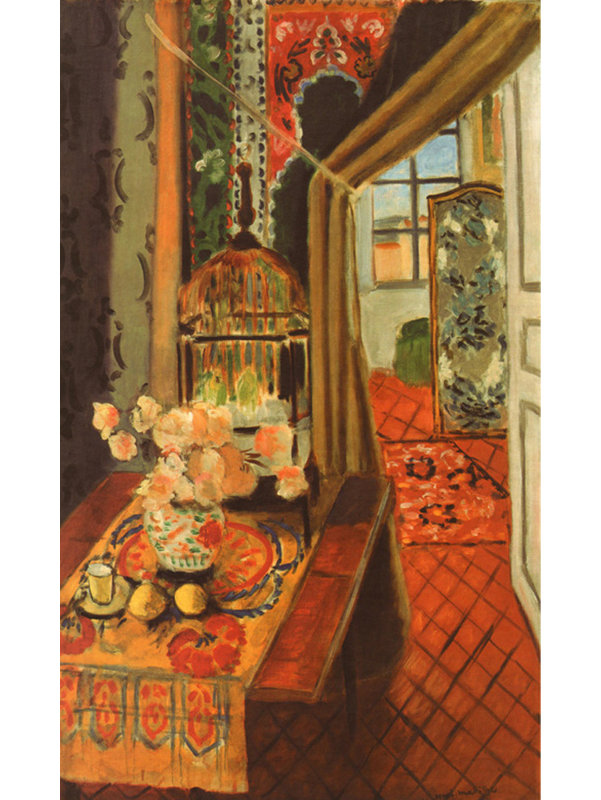 Intérieur, fleurs et perruches, 1924, H 40 po x l 24 po