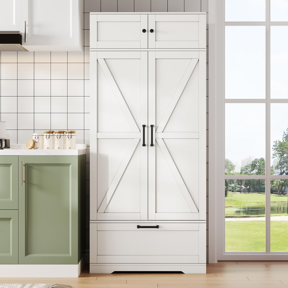 Freestanding Kitchen Pantry Cabinet with Adjustable Shelves, Drawers, Wine Rack, and Doors with Shelves