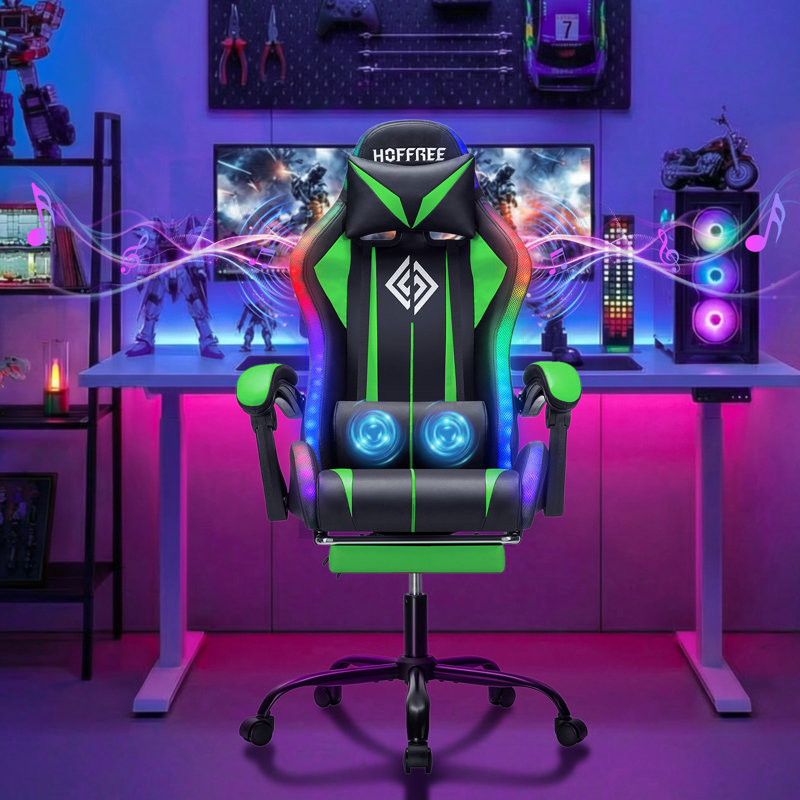 Fauteuil de jeu inclinable et ergonomique en cuir avec haut-parleurs intégrés et lumières DEL Hoffree, Vert / noir