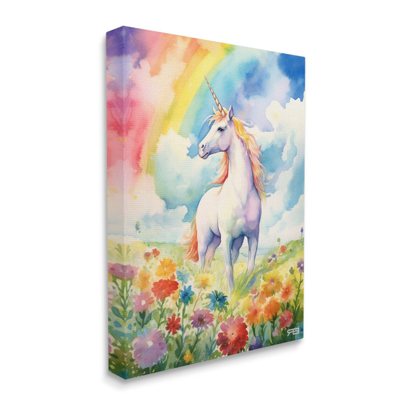 Licorne dans un pré arc-en-ciel sur toile, H 48 po x l 36 po x P 1,5 po