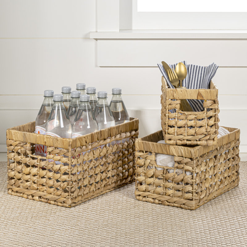 Bushong Bohemian Cottage Handwoven Hyacinth Rectangular Nesting Baskets with Handles (Set of 3), Natural