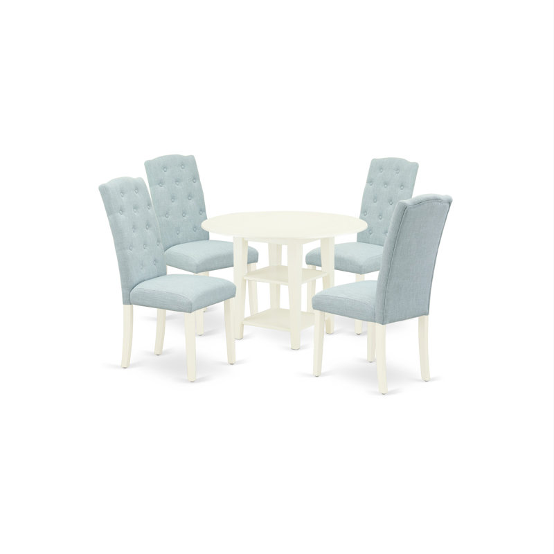 5 Piece Dining Room Furniture Set Includes a Round Dinner Table with Dropleaf & Shelves and 4 Baby Blue Linen Fabric Parson Chairs, Linen White