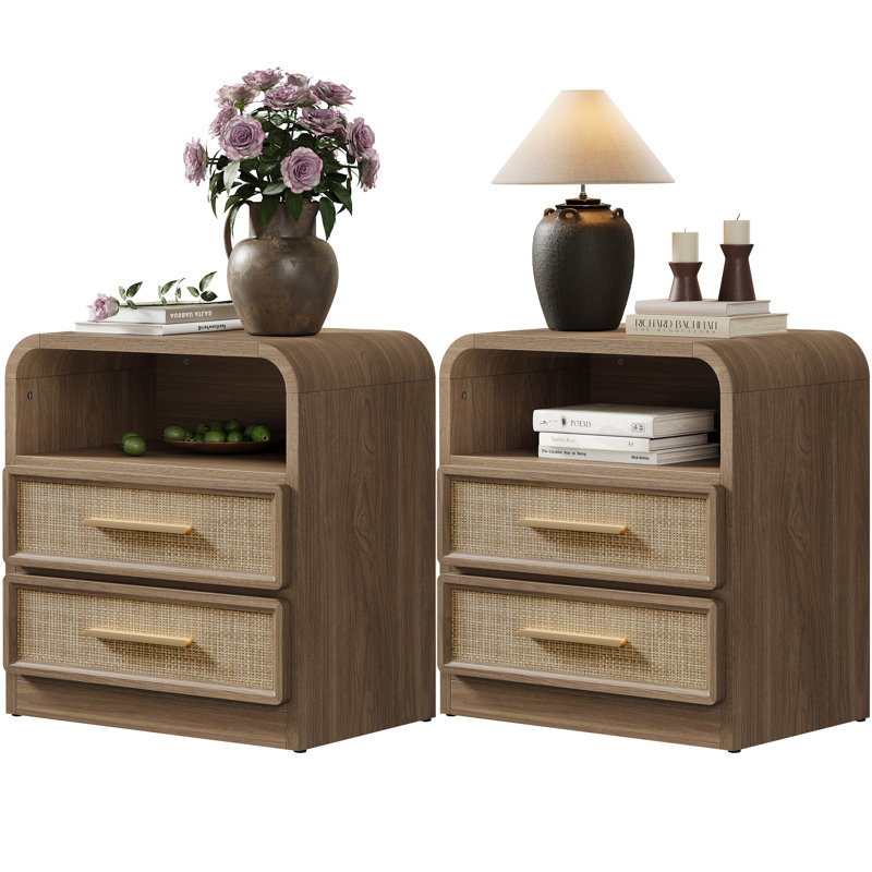 Curved Edge Rattan Drawer Nightstand With 2-Drawer And 1 Open Shelf Storage, Walnut Brown, Set of 2