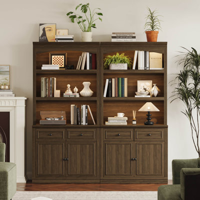 Ensemble de 2 bibliothèques traditionnelles avec éclairage DEL, tablettes ouvertes, tiroirs et armoires de rangement